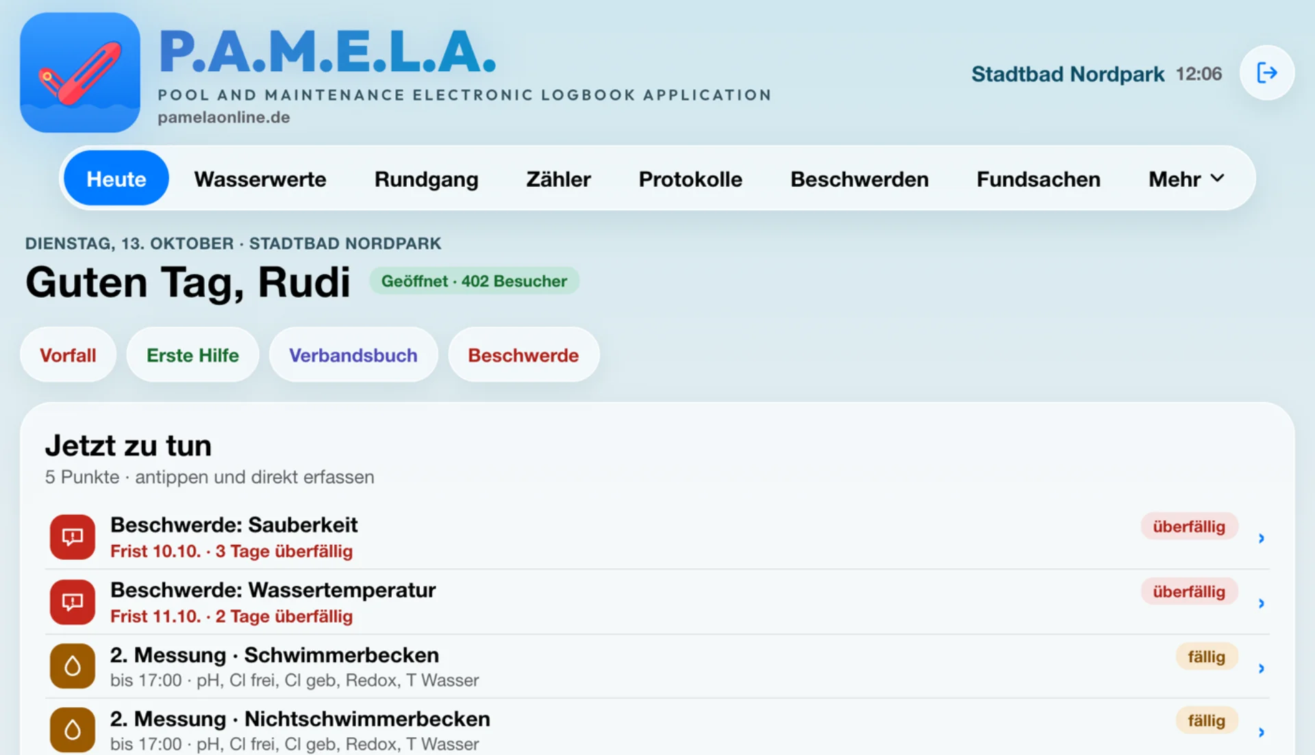 Startseite des Personals am PC: Jetzt zu tun, Tagesstatus und Bereiche