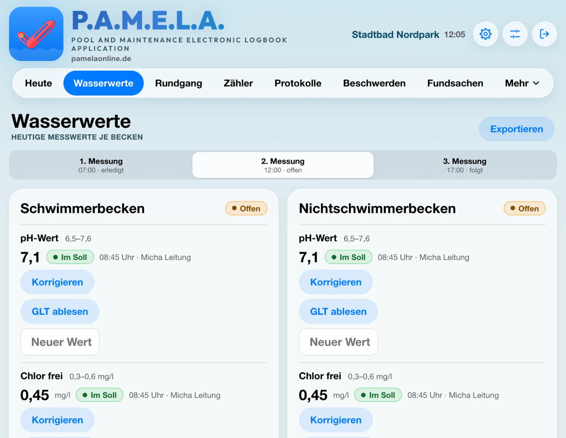 Wasserwerte je Becken mit Grenzwerten, Status Im Soll und Messrunden des Tages